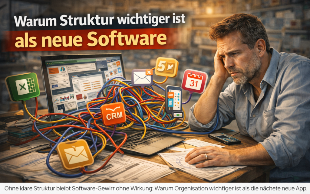 Handwerksunternehmer überfordert durch zu viele Software-Tools und fehlende klare Prozesse im Büro